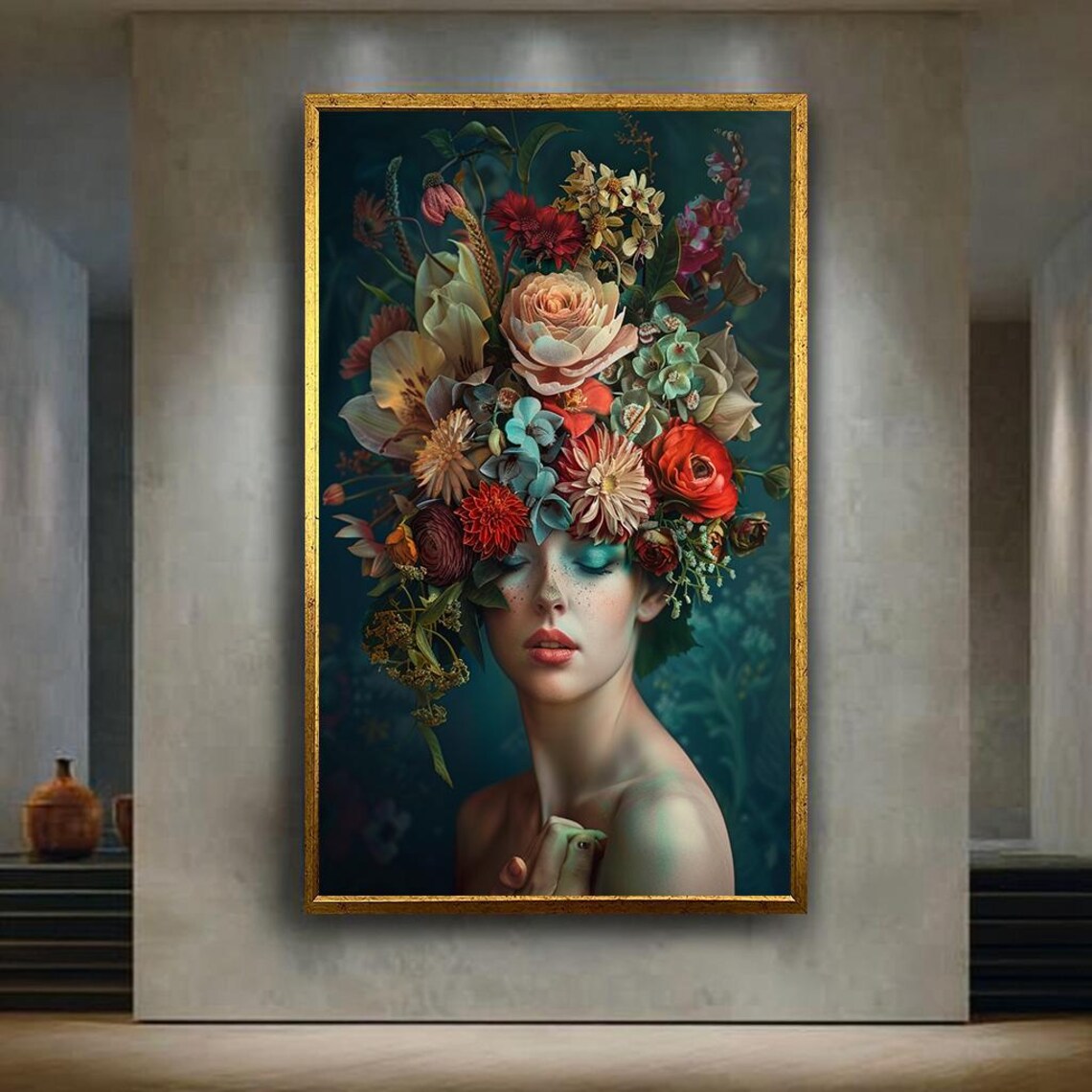 Elegant Woman with Blooming Flower Crown Dark Floral Portrait Poster
