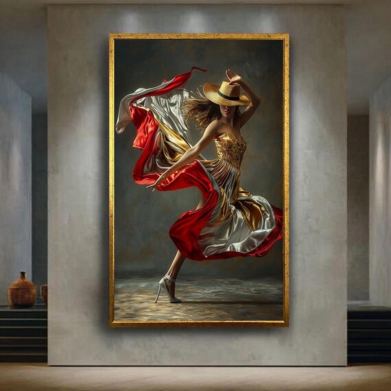 Elegant Dancing Woman Canvas Wall Art In Flowing Red And Gold Dress Stylish Fashion Movement Artwork For Modern Or Glam Home Decor