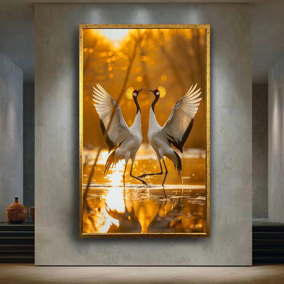 Red Crowned Cranes Dancing Golden Sunset Lake Reflection Bird Print