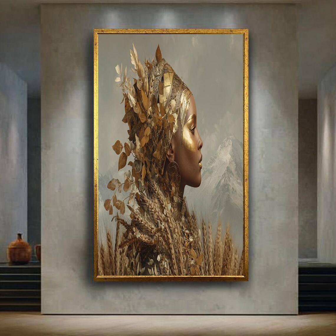 Golden African Woman Wheat Headdress Harvest Portrait Poster
