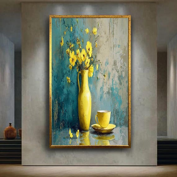 Yellow Floral Vase Painting With Coffee Cup Modern Kitchen Wall Art Bright Flower Still Life Canvas Print Teal Background Decor