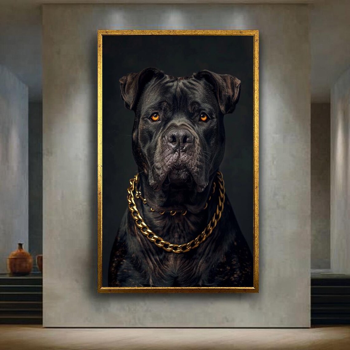 Black Cane Corso With Gold Chain Luxury Dog Portrait Art Poster