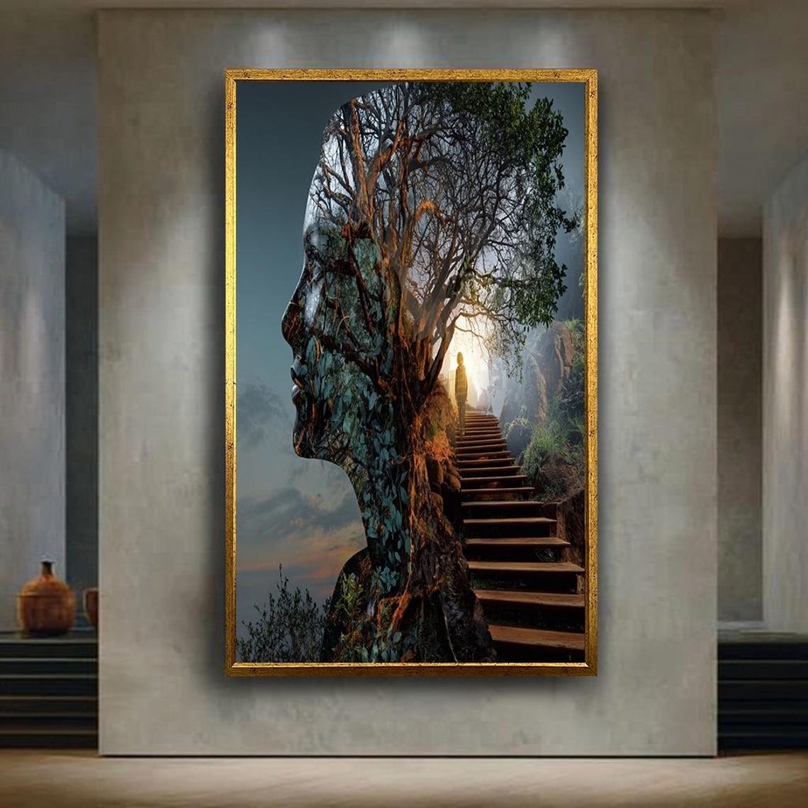 Surreal Double Exposure Tree Woman Face Mystic Nature Art Print