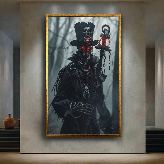 Dark Necromancer Skeleton Canvas Wall Art Evil Sorcerer With Glowing Eyes Gothic Fantasy Horror Print For Haunted And Halloween Decor