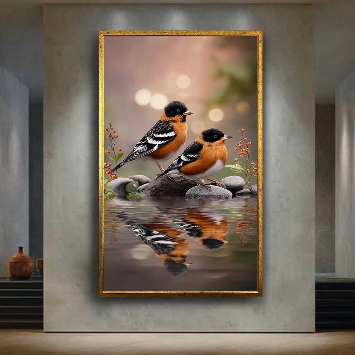 Pair of Orange Songbirds on River Rocks Reflection Wildlife Art Poster