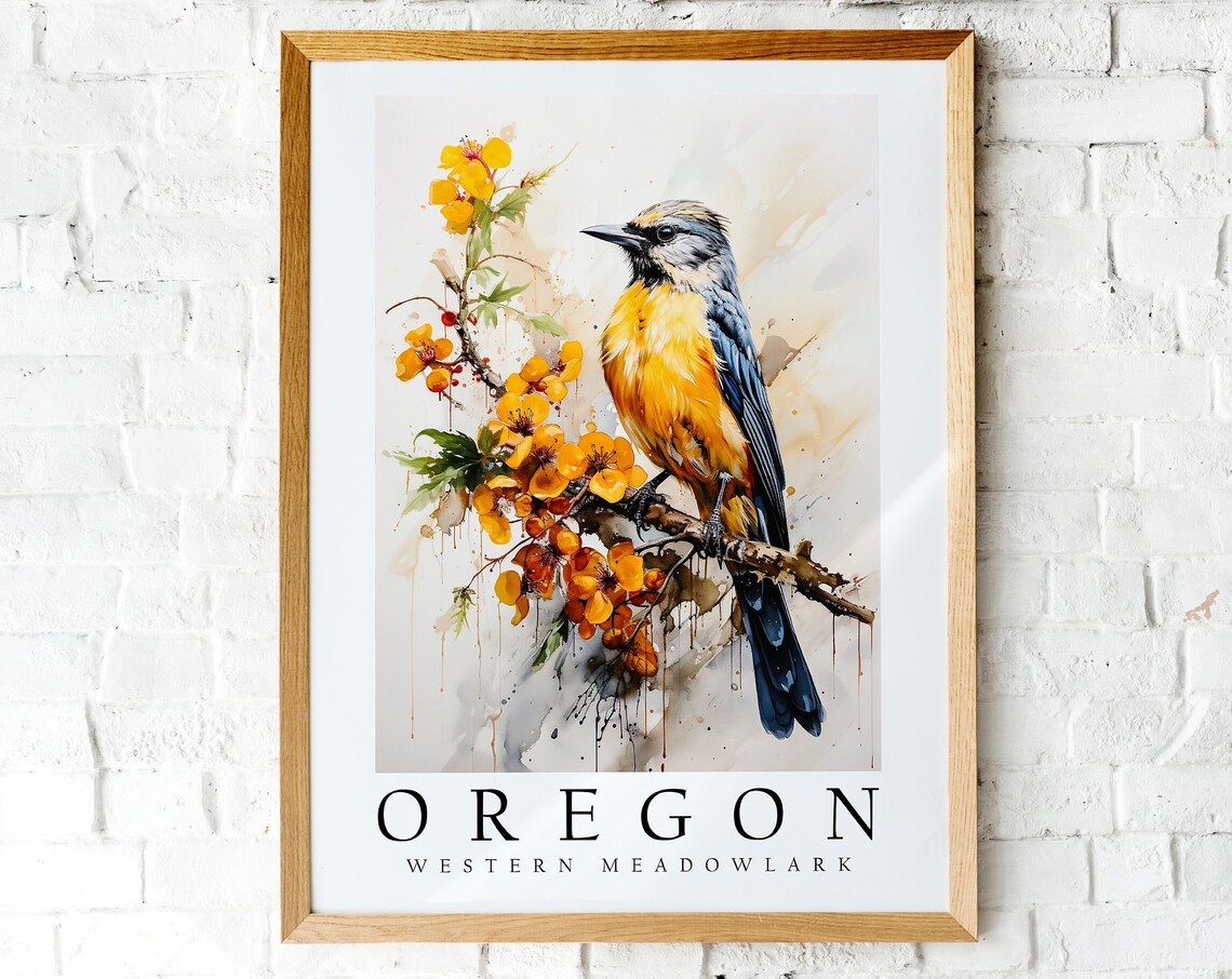 Oregon Western Meadowlark Songbird Watercolor Floral Bird Poster