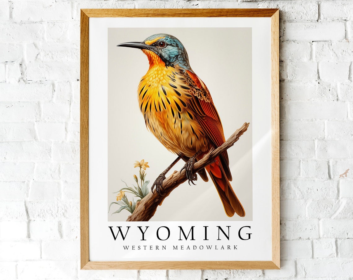 Western Meadowlark Wyoming State Bird Vintage Botanical Art Poster