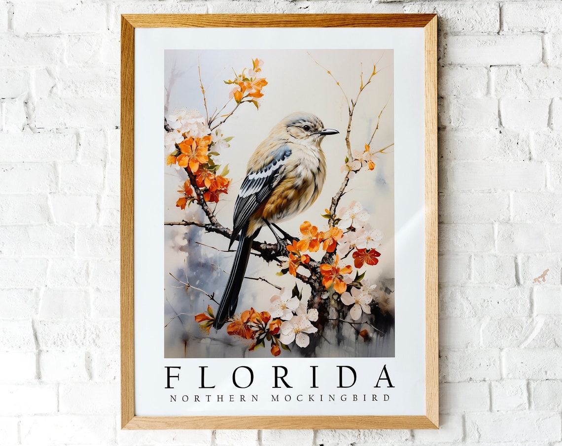 Northern Mockingbird Watercolor Florida State Bird Floral Wall Art