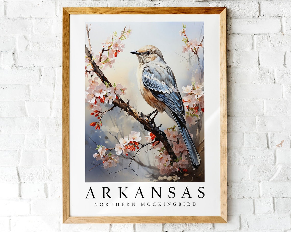 Arkansas Northern Mockingbird State Bird Cherry Blossom Poster