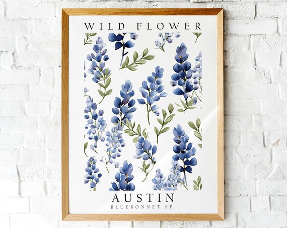 Austin Texas Bluebonnet Blue Wildflower Botanical Watercolor Art Poster