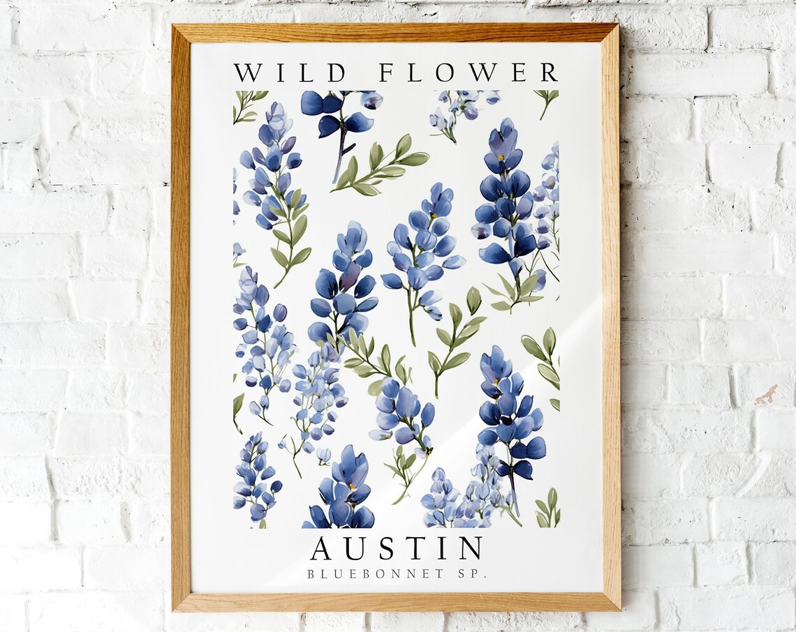 Austin Texas Bluebonnet Blue Wildflower Botanical Watercolor Art Poster