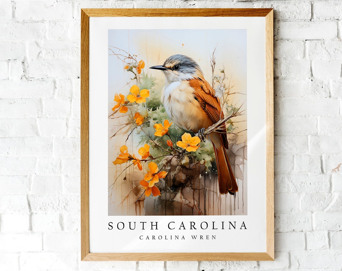 Carolina Wren South Carolina State Bird Watercolor Floral Poster
