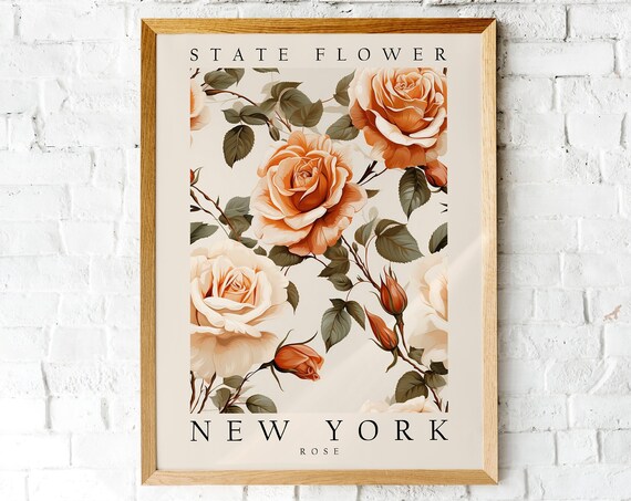 Rose New York State Flower Print Peach Botanical Vintage Style Bloom Art