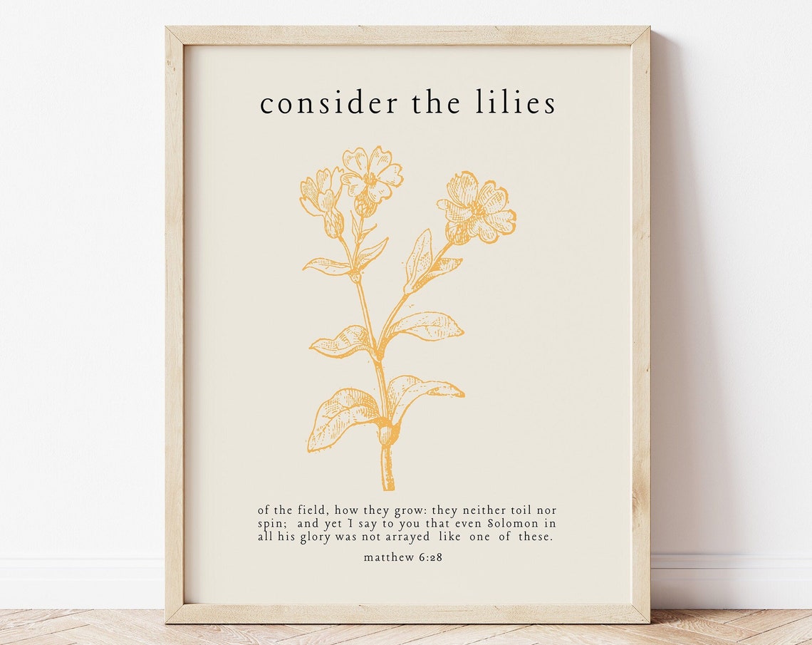 Consider the Lilies Matthew 6 Gold Botanical Christian Wall Art