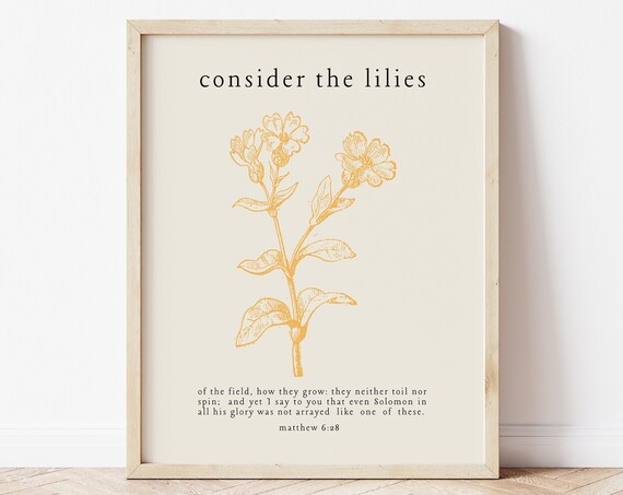Consider the Lilies Matthew 6 Gold Botanical Christian Wall Art