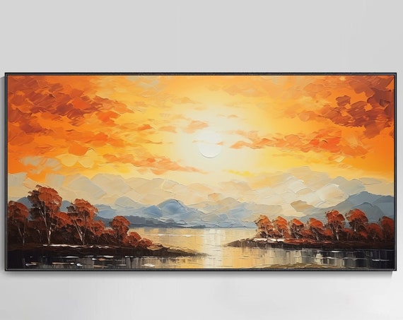 Sunset Glow Landscape Oil Painting Original Palette Knife Style Tranquil Lake Reflection Scenic Art Home Decor Impasto Horizontal