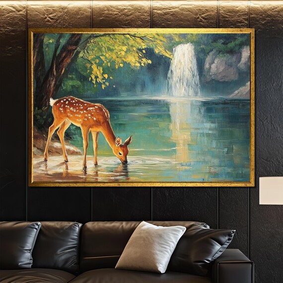 Fawn Drinking At The Waterfall Forest Nature Painting Scene Poster