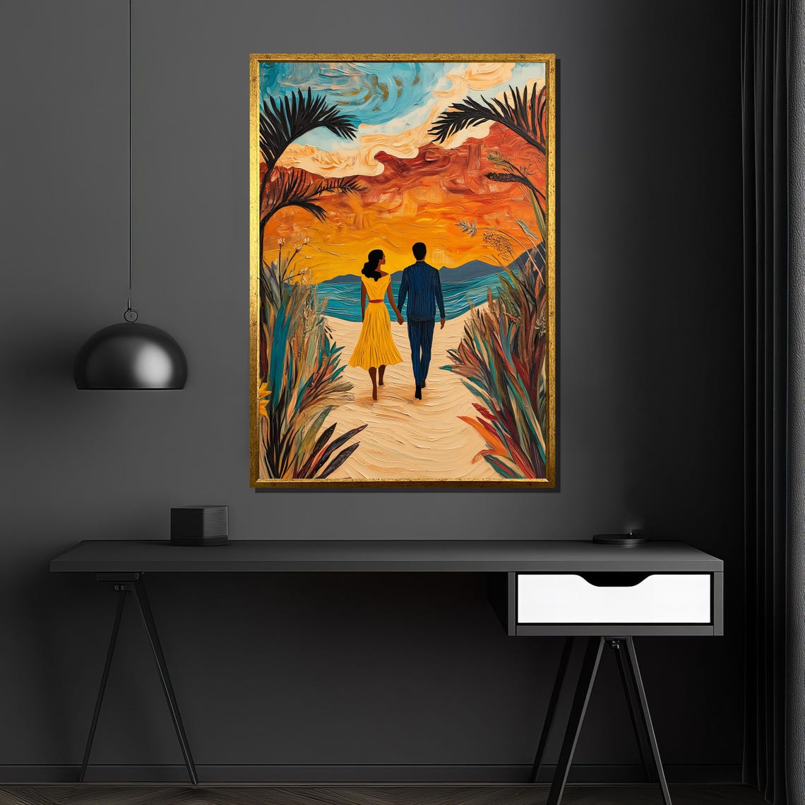 Couple Walking Beach at Sunset in Tropical Orange Sky Art Poster - Image 4
