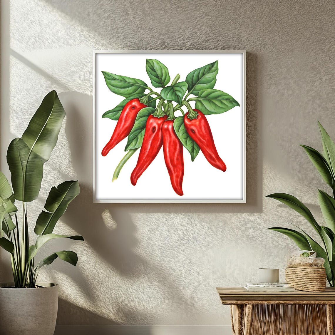 Vibrant Red Chili Peppers Bold Kitchen Painting With Fresh Green Leaves For A Spicy And Invigorating Culinary Space - Image 2