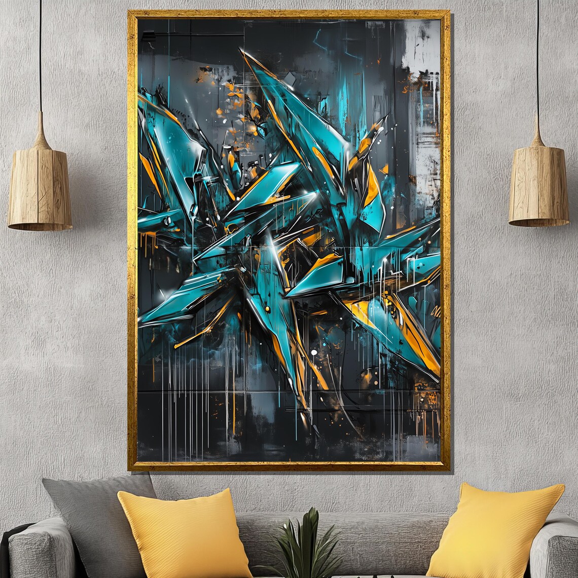Turquoise and Gold Graffiti Shards Abstract Urban Street Art Poster