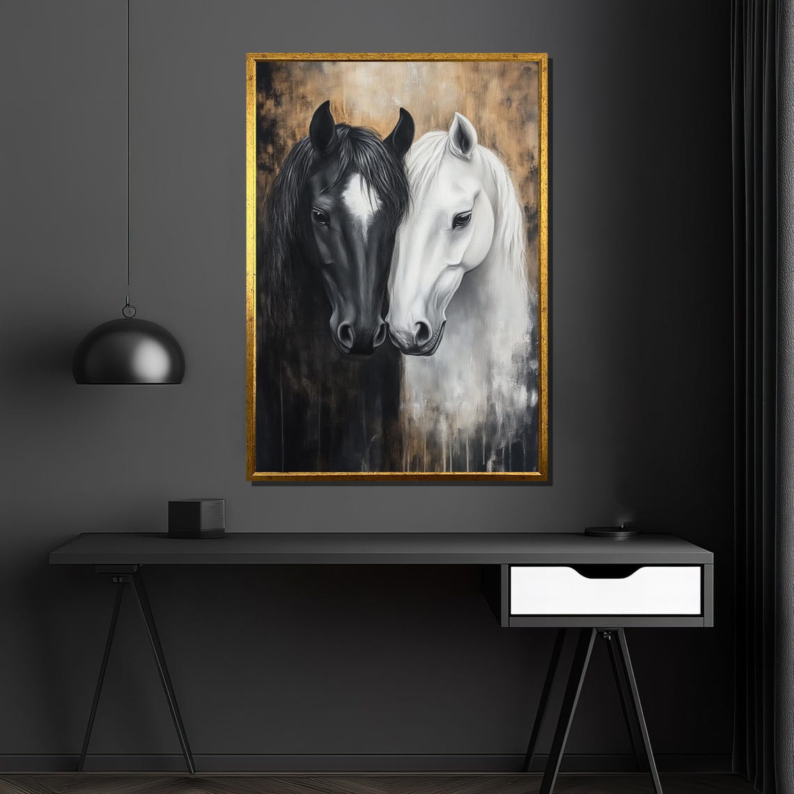 Black And White Horse Pair Elegant Equestrian Animal Painting Poster - Image 4