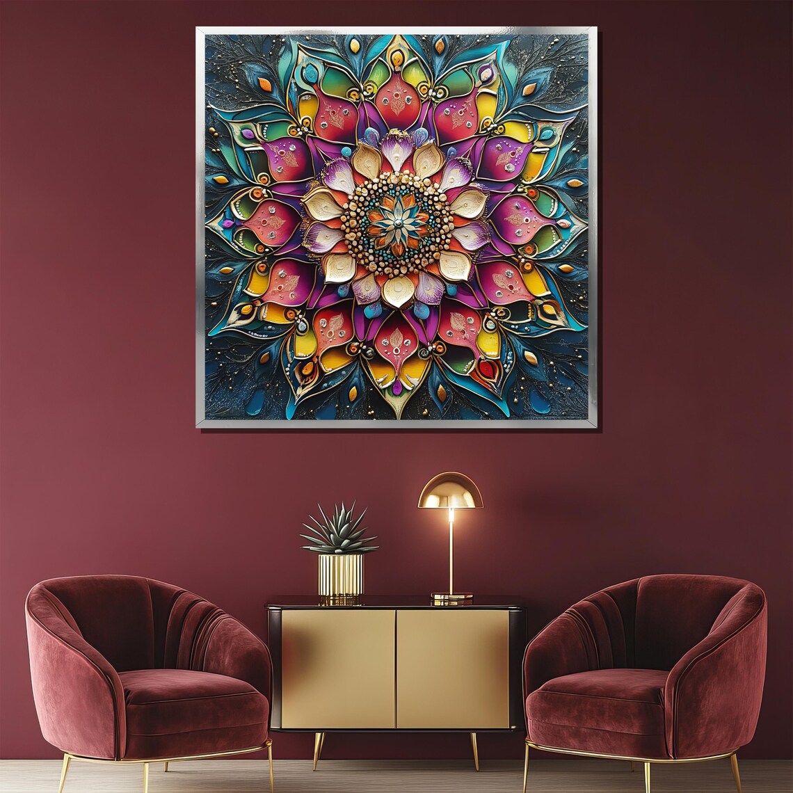 Vibrant Jewel Tone Floral Mandala Glowing on a Dark Night Poster - Image 2