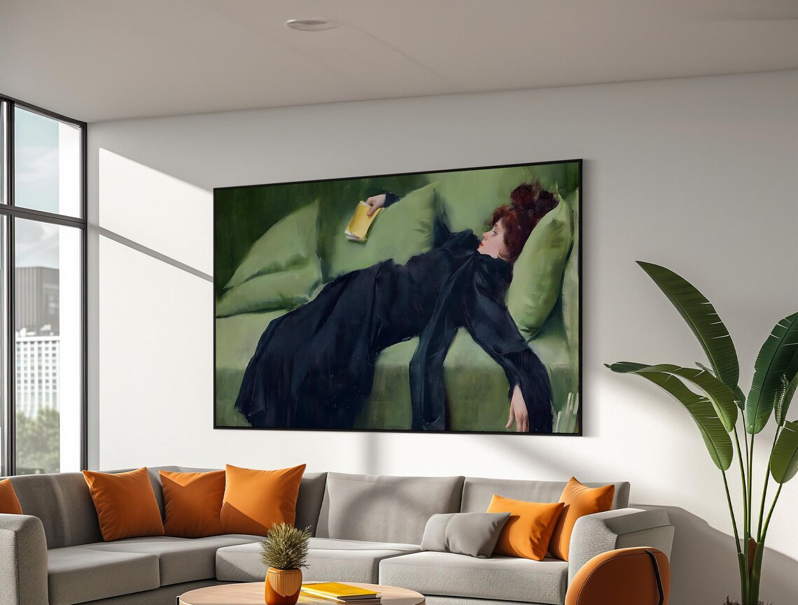 Woman Reclining On A Green Sofa Reading A Book Classic Painting Poster