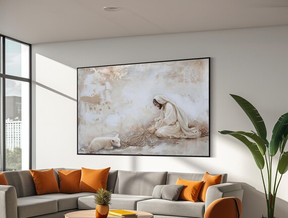 Peaceful Jesus Kneeling With A Lamb On A Soft Misty Shore Poster