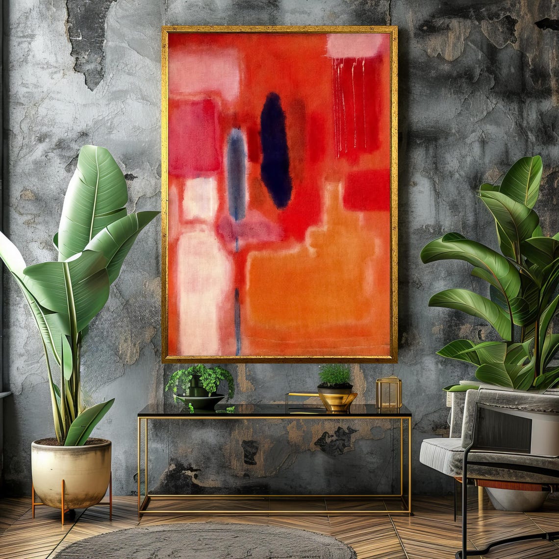 Dynamic Red Orange Abstract With Dark Blue Shapes Art Poster - Image 4