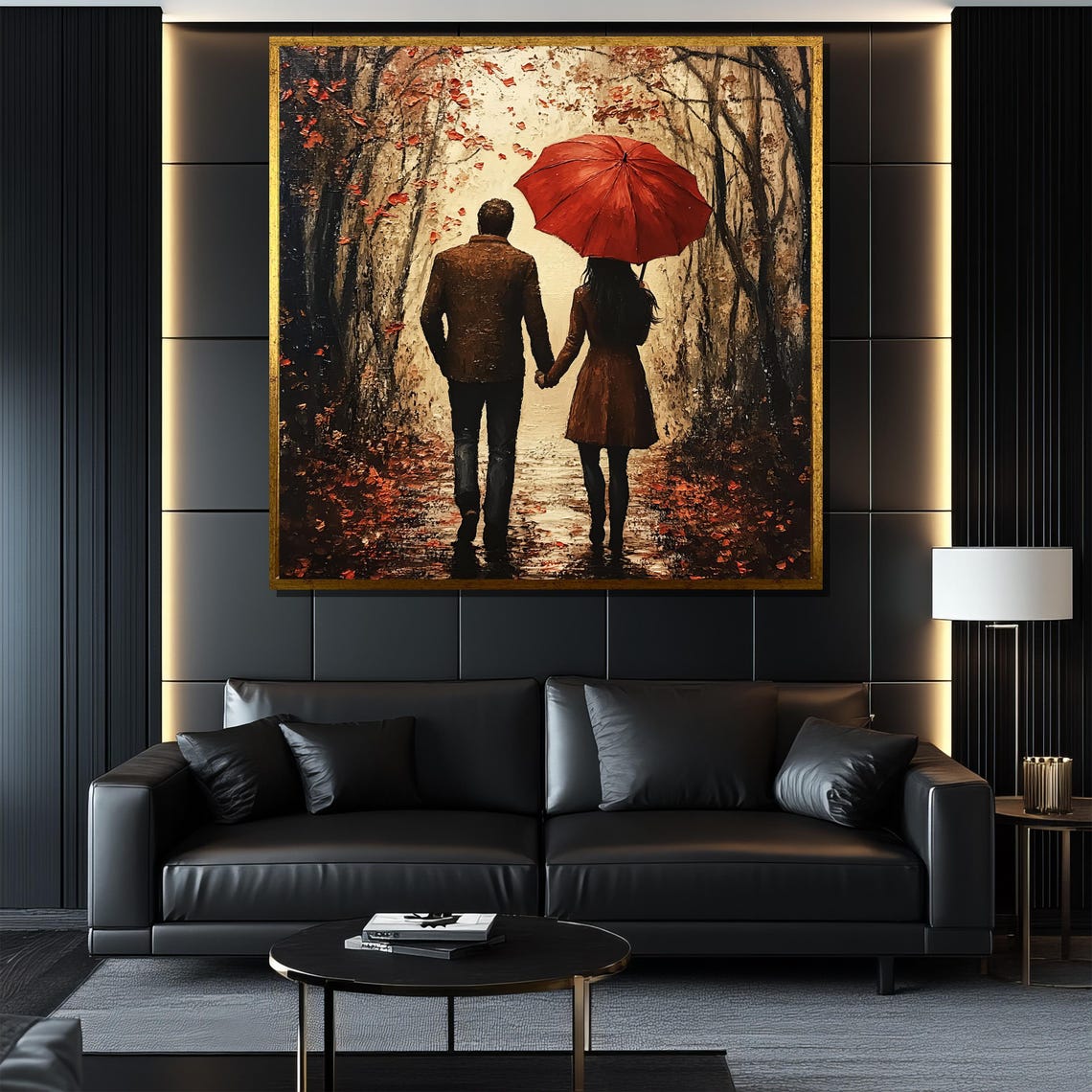 Couple Under Red Umbrella Autumn Forest Path Romantic Art Poster - Image 4