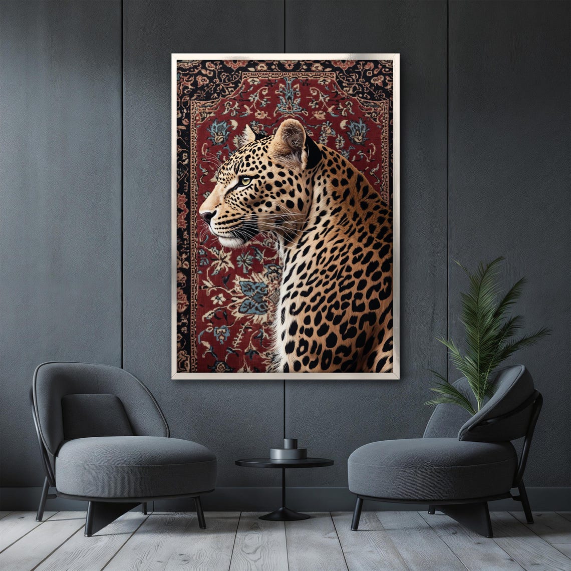 Leopard in Elegant Side Profile Resting on a Red Oriental Rug Poster - Image 3