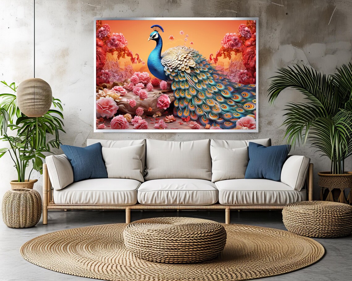 Majestic Peacock Among Pink Roses Opulent Floral Garden Poster - Image 3