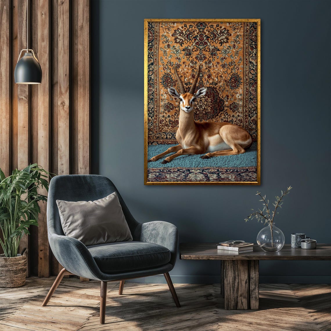 Gazelle Resting on a Teal Rug Beneath an Orange Backdrop Poster - Image 4