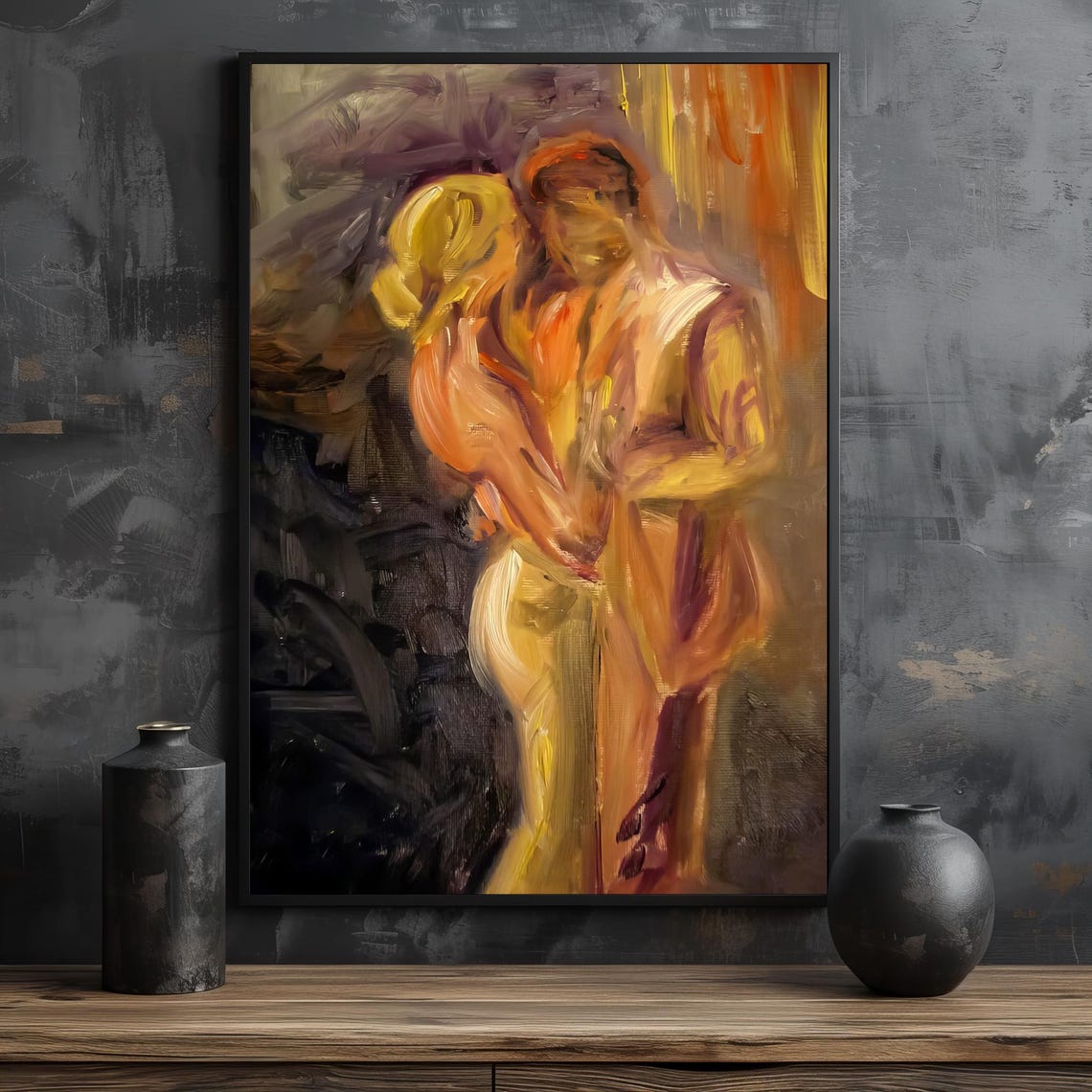 Impressionistic Lovers Golden Intimate Embrace Romantic Poster - Image 2