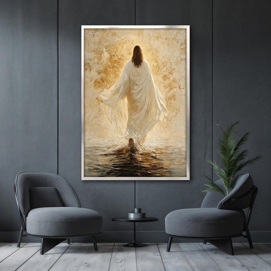 Jesus Walking on Water Seen from Behind in Warm Golden Light Poster - Image 3