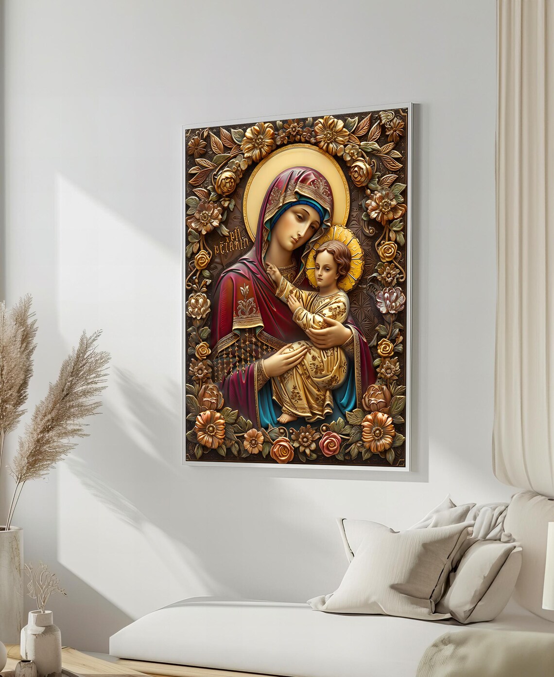 Ornate Virgin Mary and Child Byzantine Icon Painting Poster For Prayer Room
