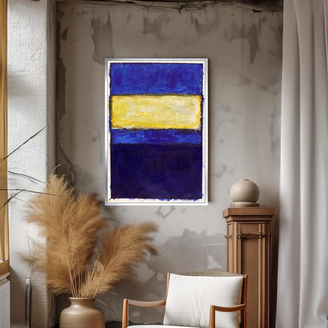 Bold Blue Yellow Textured Color-Field Abstract Modern Art Wall Poster - Image 3