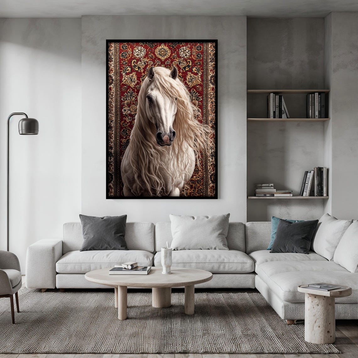 White Horse with a Long Flowing Mane on a Red Oriental Rug Poster - Image 2