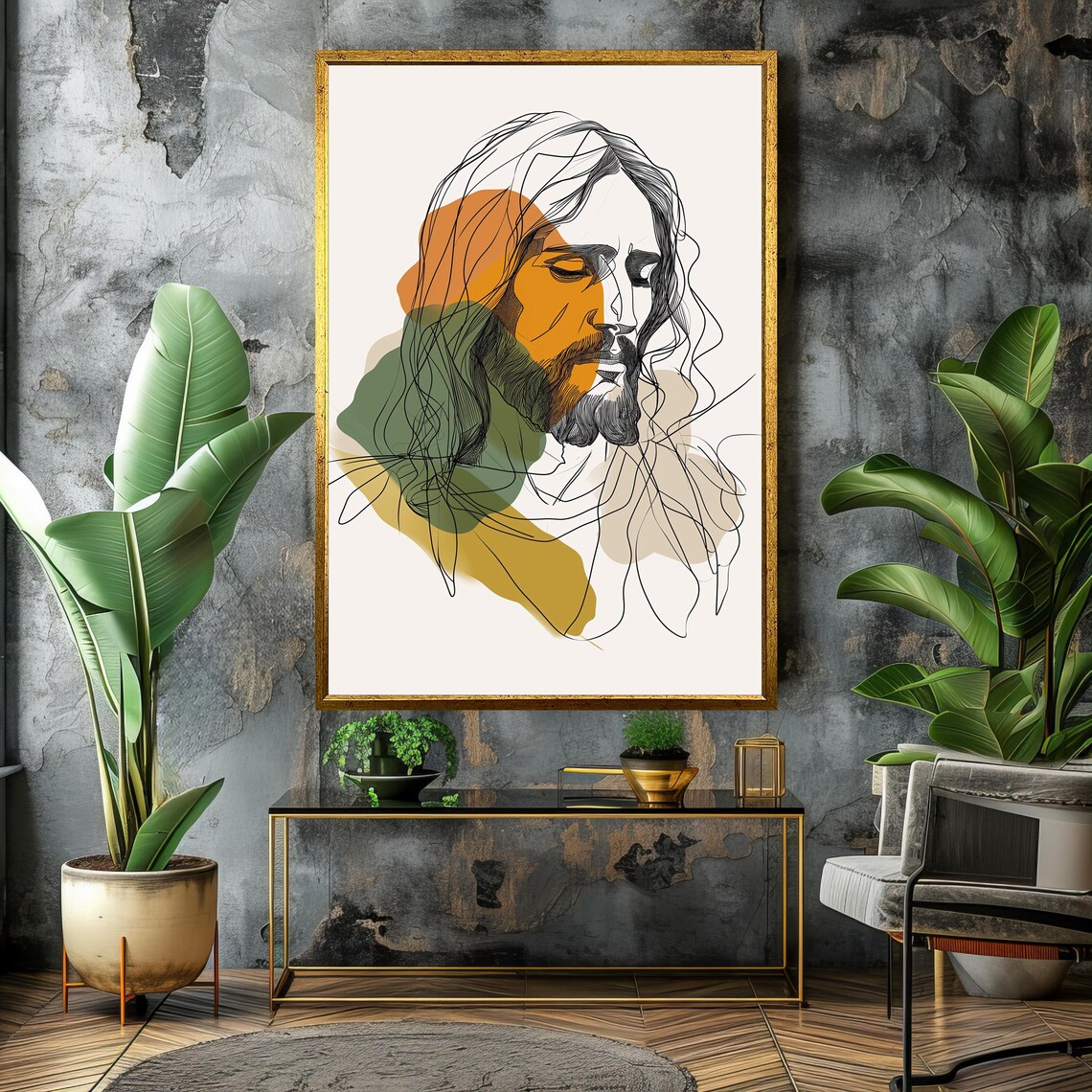 Abstract Line Art Portrait Of Jesus With Warm Earth Tone Washes Poster - Image 4