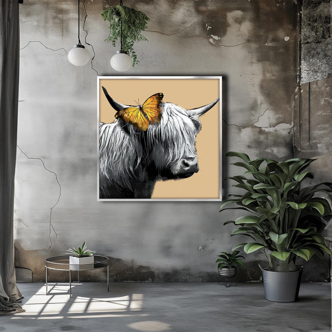 Highland Cow with Golden Butterfly on Horn Tan Style Art Poster - Image 3