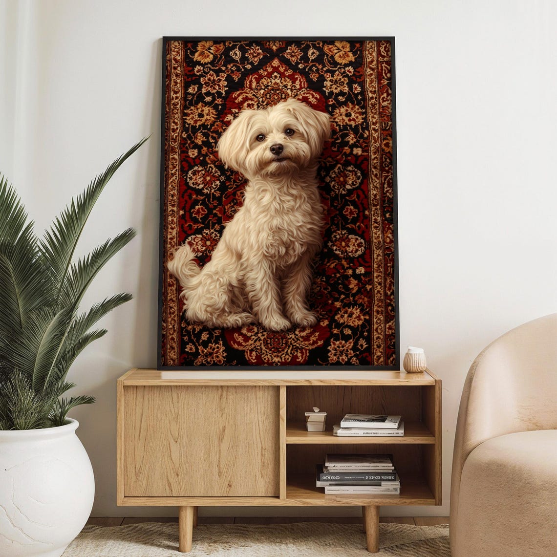 Fluffy White Dog Sitting Proudly on a Red Oriental Rug Poster