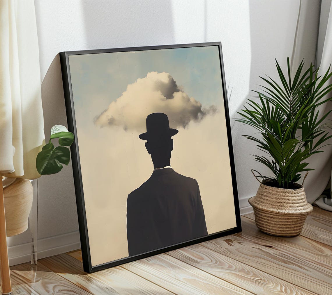 Surreal Bowler Hat Silhouette Gazing At A Floating Cloud Above Poster