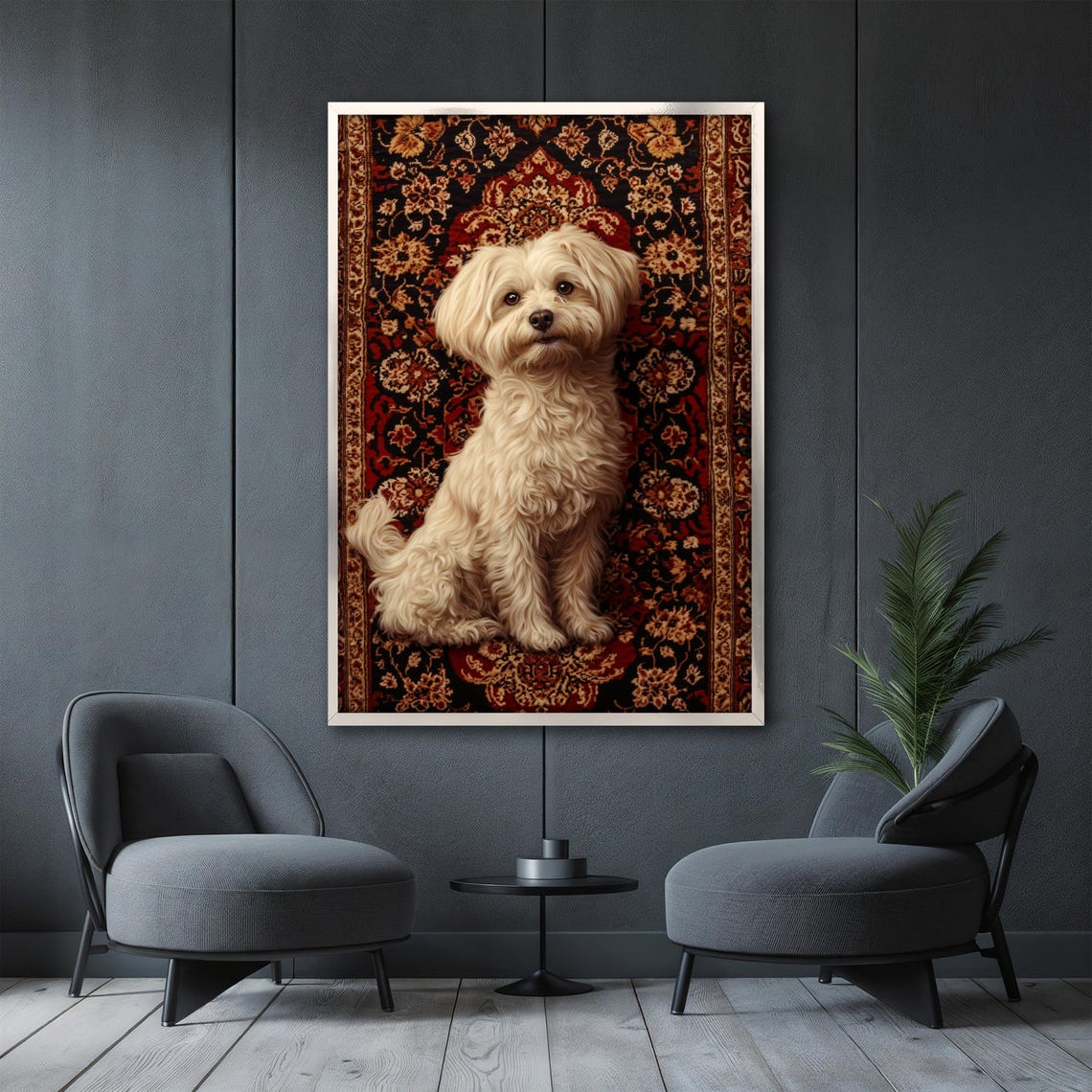 Fluffy White Dog Sitting Proudly on a Red Oriental Rug Poster - Image 3