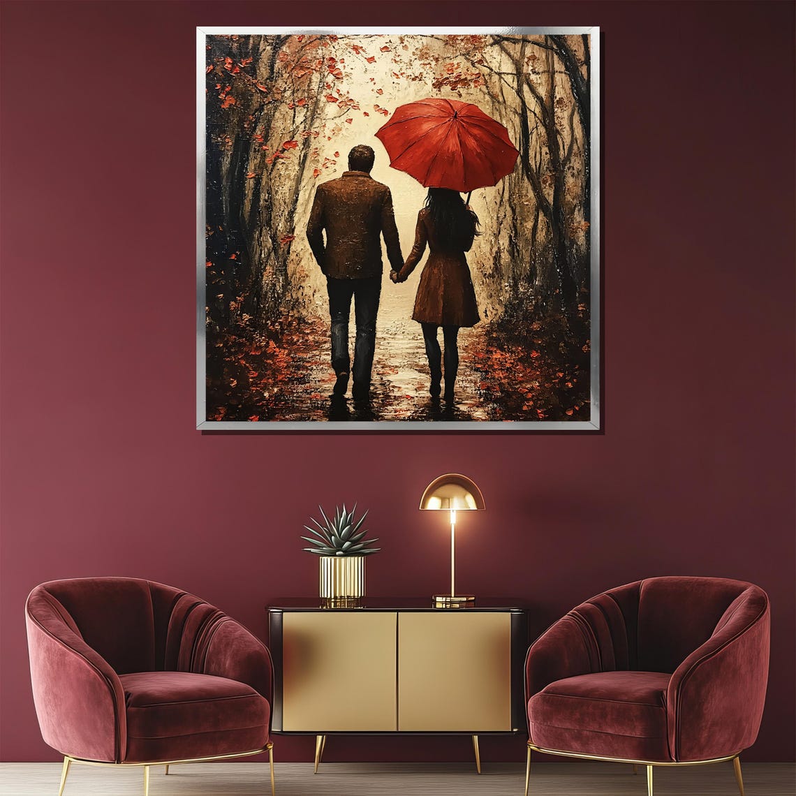 Couple Under Red Umbrella Autumn Forest Path Romantic Art Poster - Image 2