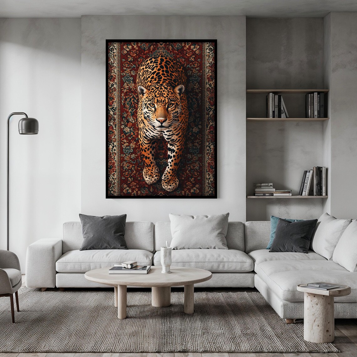 Leopard Walking Straight Toward the Viewer on a Red Oriental Rug Poster - Image 2
