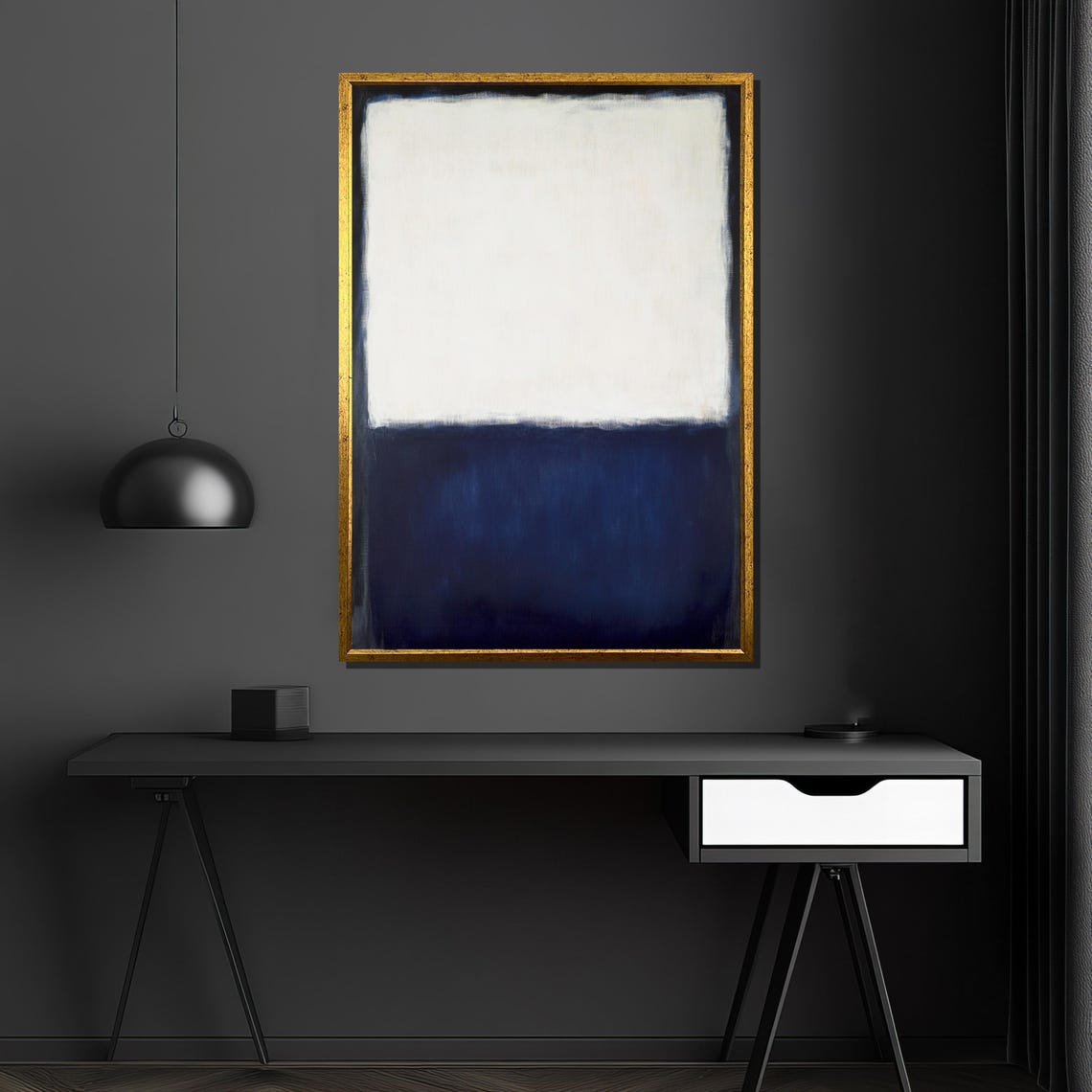 White and Navy Color Block Abstract Minimalist Modern Art Poster - Image 4