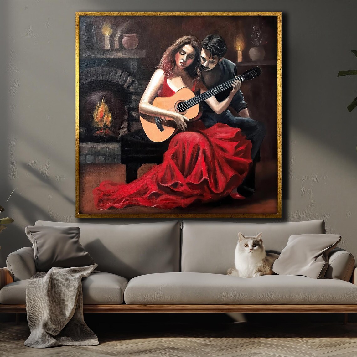 Romantic Couple Guitar by Fireplace Red Dress Night Art Poster - Image 4