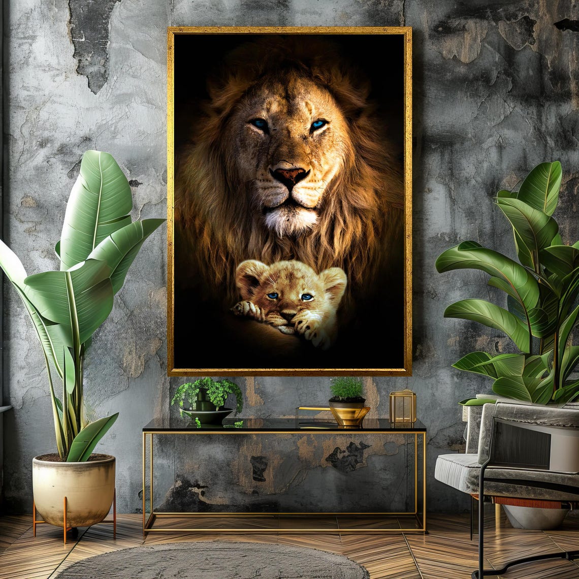 Protective Blue Eyed Lion Sheltering His Cub Portrait Poster - Image 4