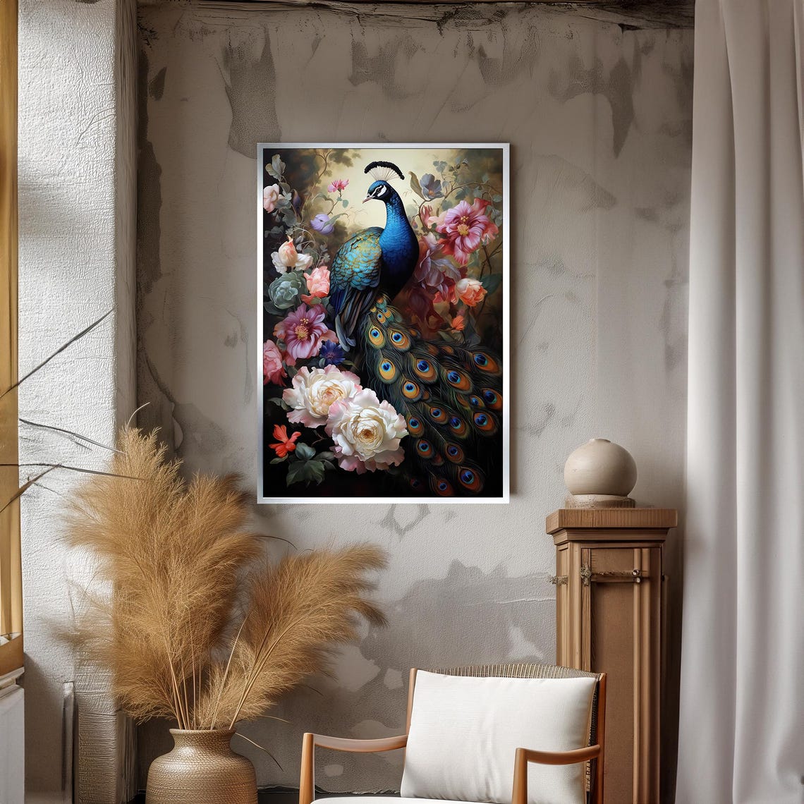 Majestic Peacock Surrounded By Colorful Flowers Elegant Poster - Image 3