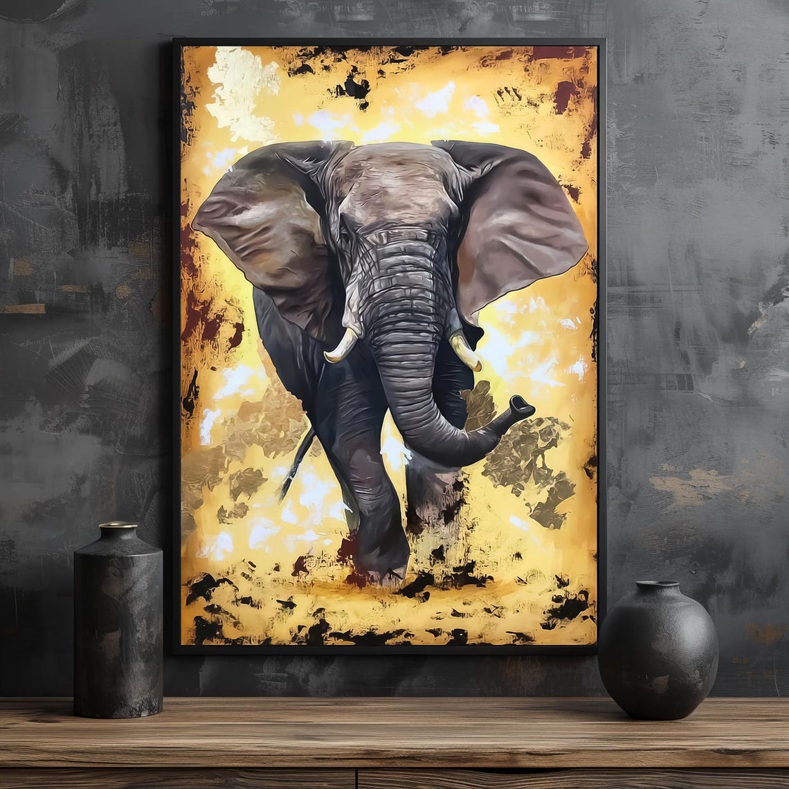Majestic Elephant On Golden Art Bold African Wildlife Striking Wall Decor Ready To Hang - Image 2